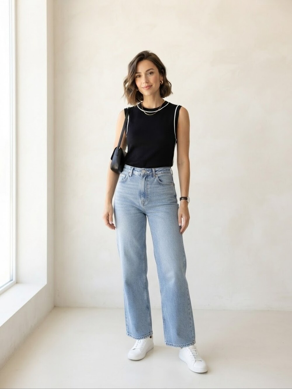 Zara Black Sleeveless Knit Top with White Trim